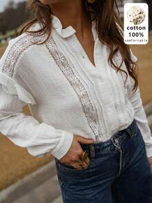 Blus Katun Putih Berpotongan Renda Terlaris dengan Kerah Berkerut - Atasan Lengan Panjang untuk Sehari-hari & Padu Padan - Putih - View 3
