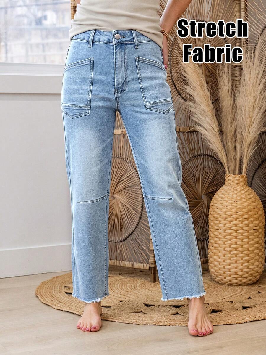 Design Flat Pocket Solid Color Casual Slim Fit Denim Cropped Pants - Light Wash - View 1