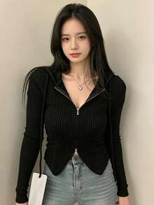 YCYC 秋冬設計雙向拉鍊女款長袖連帽針織開襟衫 黑色 - 黑色 - 查看 2