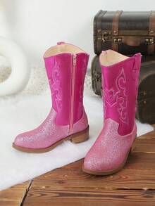 Girls' Dreamy Rose Red Glitter Embroidery Princess Style Side Zipper Western Boots, Suitable For Shopping, Photos, Birthday - Hot Pink - View 3