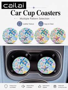 Cailai, 2pcs Set Starfish Turtle Flower Minimalist Pink Polka Dot Pattern Car Cup Holder Coasters - Non-Slip Leather Material, Round Cup Holder Design, Easy To Clean, Perfect Accessory For Car Interior - Suitable For Car Owners - Suitable For Daily Use - Great Gift For Car Enthusiasts - Multicolor - View 1