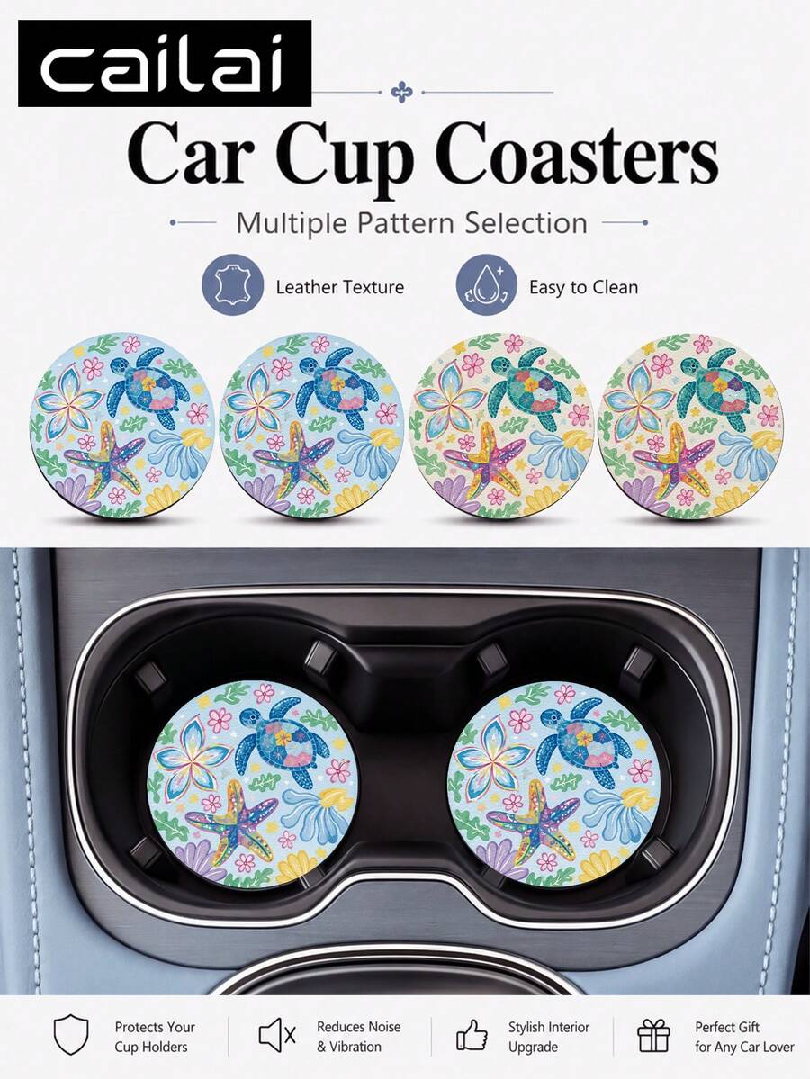 Cailai, 2pcs Set Starfish Turtle Flower Minimalist Pink Polka Dot Pattern Car Cup Holder Coasters - Non-Slip Leather Material, Round Cup Holder Design, Easy To Clean, Perfect Accessory For Car Interior - Suitable For Car Owners - Suitable For Daily Use - Great Gift For Car Enthusiasts - Multicolor - View 1