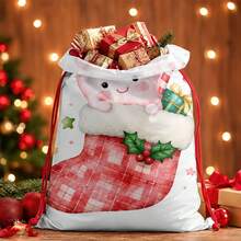 2pcs Double-Sided Printed Drawstring Christmas Gift Bags, Plaid Christmas Socks, Candy Cane And Gift Box Pattern, Sweet Cartoon Holiday Gift Packaging Bags, Large Drawstring Storage Bags, Suitable For Candy, Clothing Packaging And Christmas Party Gift Exchange - Multicolor - View 7
