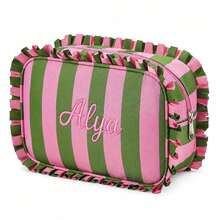 (Custom Embroidery) Wood Ear Trim Striped Makeup Bag, Sweet Ruffle Edge Large Capacity Storage Bag, Travel Portable Toiletry Organizer - Multicolor - View 13