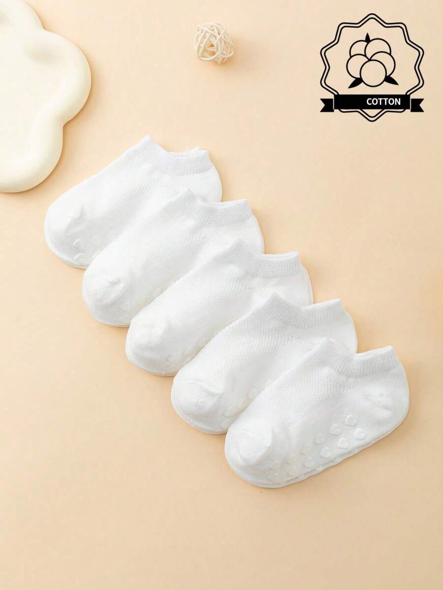 5 Pairs Baby Solid Color Cotton Heart Pattern Non-Slip Floor Socks, Comfortable And Breathable Newborn Socks - White - View 1