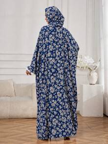 Women's Navy Blue Ditsy Floral Abaya Dress With Matching Ruffle Trim Hooded Hijab, Long Sleeve Loose Long Ramadan Prayer Robe For Ramadan And Eid - Royal Blue - View 6