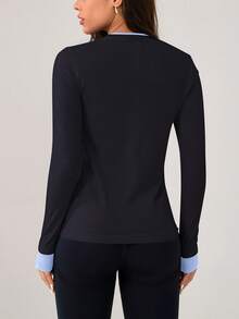 Leorrey 1 buah Kaos Olahraga Wanita Fashion Wol Leher Bulat Warna Blok Dua Potong Nyaman Lembut Lengan Panjang - Navy Blue - View 6