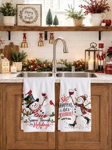 2pcs Funny Snowman & Text Pattern Christmas Kitchen Towels, 40*60cm Soft Microfiber Tea Towels, Suitable For Home Kitchen Restaurant Outdoor Camping Tabletop Cleaning Dish Cloth Hand Towel Accessories, Winter Christmas Holiday Theme Kitchen Towels Holiday Gift - Multicolor - View 4