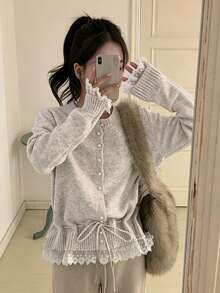YCYC Atasan Lengan Panjang Elegan Unik dengan Ikat Pinggang di Bagian Depan untuk Musim Gugur/Dingin - Grey - View 4