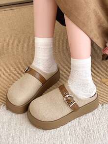 Beige Woven Fabric Thick Sole Round Toe Metal Buckle Slip-On Mule Loafers For Women, Spring/Autumn - Beige - View 2