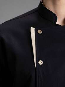 New Unisex Long Sleeve Gold Button Triangle Collar Chef Uniform - Black - View 3