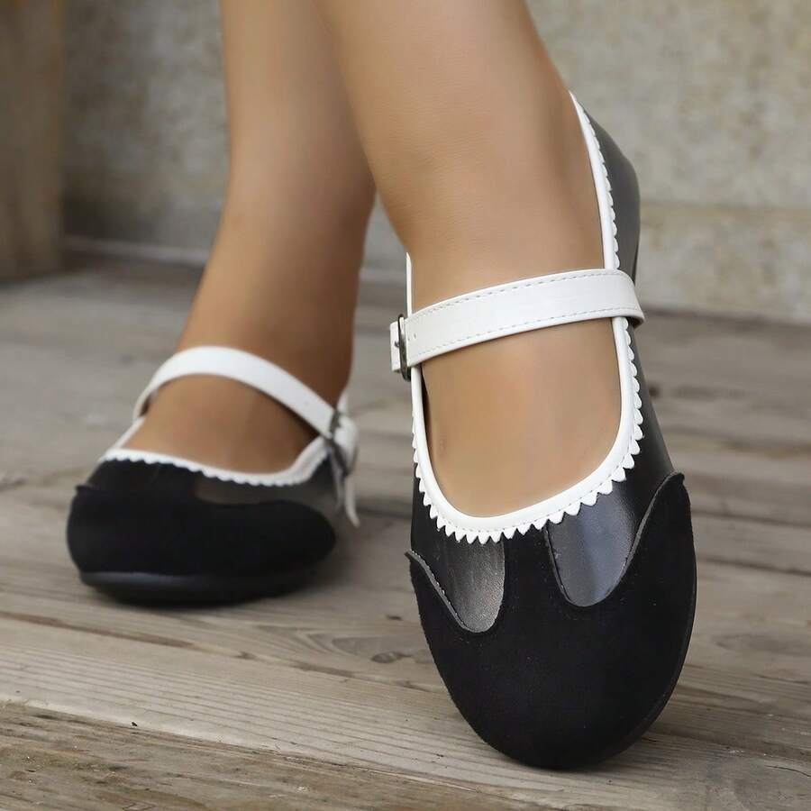 Women's Vintage Colorblock Fine Plaid Solid Color Round Toe Single Strap Flat Low Vamp Mary Jane Shoes, French Style Daily Commute Spring Autumn Black Fabric - Black - View 1