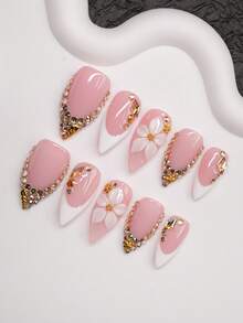 Autumn/Winter Handmade Wearable Nails, Y2K Hot Girl Style, Nude And White Nail Tips With French Edge, Carving, Rhinestones, Conch And Shell Elements Design, Pure Handmade Wearable Nails, Suitable For Women And Girls, Shiny Nail Tips, 10 Pieces/3 Sizes, Suitable For Party, Dance, Daily Wear, Includes Tool Kit, Can Be Given As A Gift To Women And Girls. - Multicolor - View 3