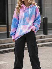 Women's Tie-Dye Loose Fit Hooded Sweatshirt, Casual Long Sleeve Drawstring Sweatshirt With Kangaroo Pocket - Pink - View 3