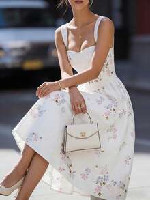 DONICY Women's White Floral Ruffle Hem Midi Dress, Square Neck Sleeveless Dress, Sweet Romantic Summer Holiday Dress - White - View 9