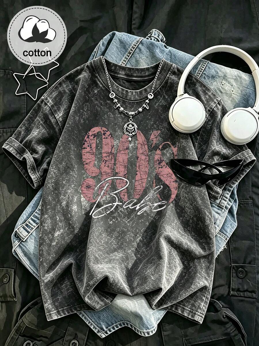 Plus Size Women's 90s Vintage Print T-Shirt, Retro Large Letter Pattern Casual Short Sleeve Washed Top Black Summer - Black - View 1