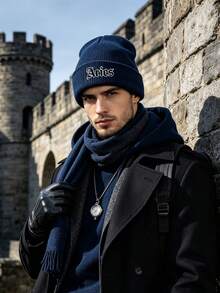 1pc Gothic Style Men Scarf Knitted Beanie, 12 Constellations Design, Fashion Street Ski Hat, Warm And Versatile Cold Weather Cap, Loose Fit - Black - View 4