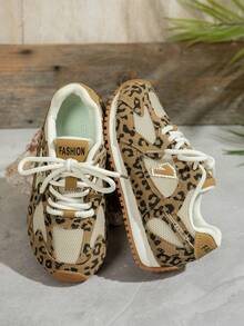 1 Pair Girls Leopard Print Athletic Shoes, Retro Running Sneakers, Mesh ...