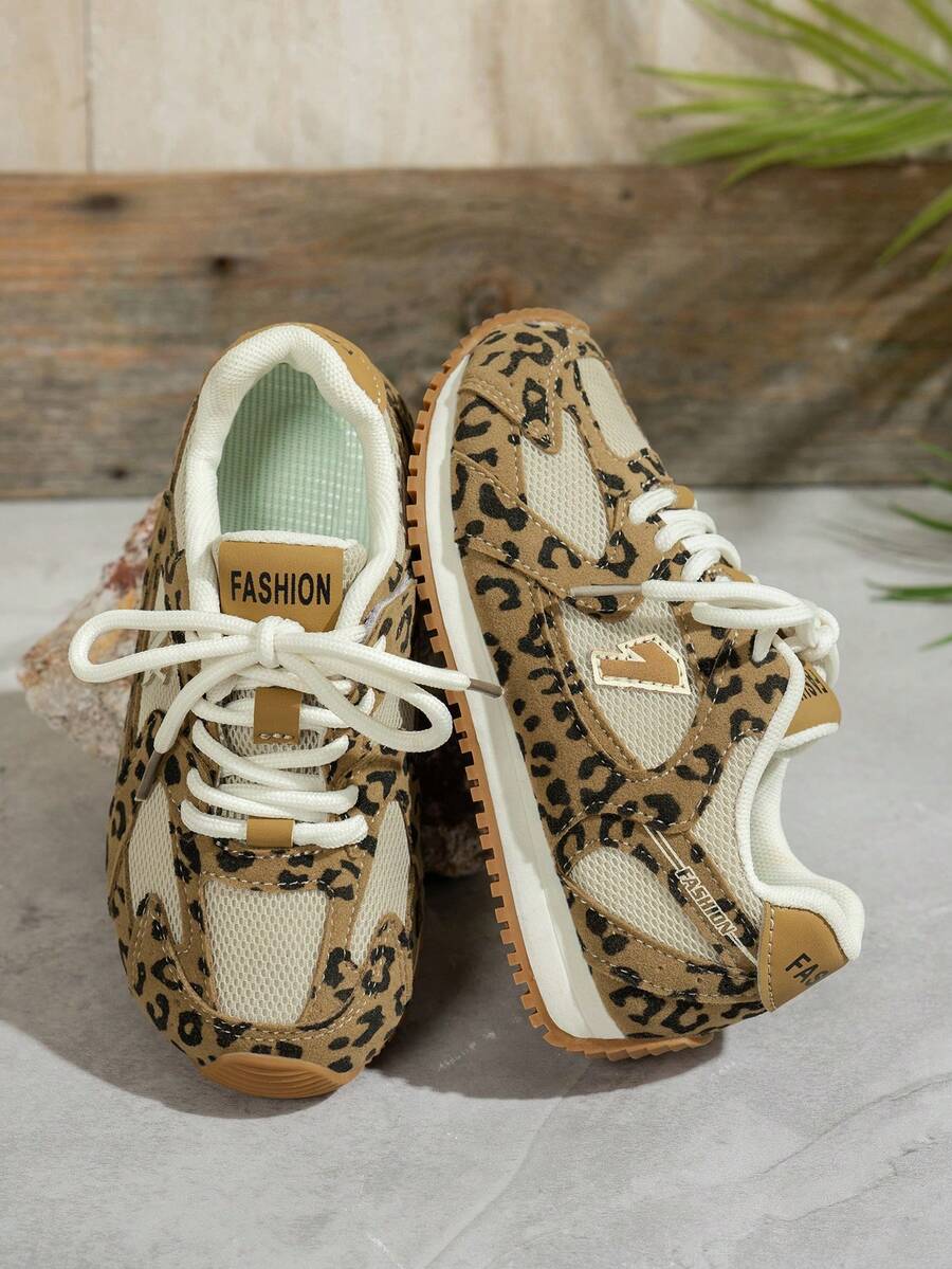 1 Pair Girls Leopard Print Athletic Shoes, Retro Running Sneakers, Mesh ...