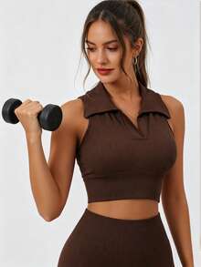 Women's Ribbed Collared Cropped Tank Top, Sleeveless Collared Yoga Fitness Sports Tank, Elastic Seamless Fitness Cropped Top - Brown - View 5