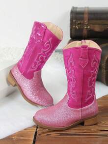 Girls' Dreamy Rose Red Glitter Embroidery Princess Style Side Zipper Western Boots, Suitable For Shopping, Photos, Birthday - Hot Pink - View 4