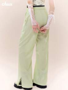 CHUU Drawstring Split Hem Casual Pants Women Autumn Design Elastic Waist Patchwork Versatile Wide Leg Long Pants - Mint Green - View 4