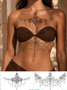 2pcs Waterproof Temporary Tattoo Stickers, Chest To Thigh Body Art Temporary Tattoo Stickers For Women, Black Floral Jewelry Lace Totem Style Patterns With Moon Butterfly Rose Chain Designs, Lasts 3-5 Days, Easy To Apply And Remove, Disposable Tattoo Stickers - Black - View 1