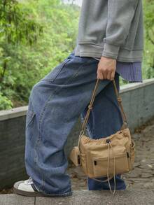 Black Drawstring Crossbody Bag, Multi-Pocket Nylon Shoulder Bag With , Adjustable Strap Casual Slouchy Sling Bag For Daily Commute Outdoor - Multicolor - View 4