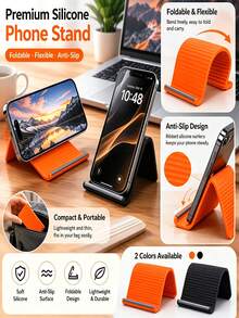 1pc Soft Silicone Phone Stand, Foldable Non-Slip Desktop Phone Holder, Adjustable Mobile Phone Stand, Compact Portable Phone Holder For Office Desk, Bedside Table, Travel, Orange & Black - Silicone Stand - View 1