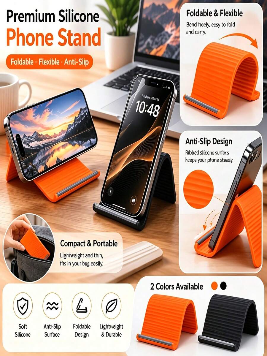 1pc Soft Silicone Phone Stand, Foldable Non-Slip Desktop Phone Holder, Adjustable Mobile Phone Stand, Compact Portable Phone Holder For Office Desk, Bedside Table, Travel, Orange & Black - Silicone Stand - View 1