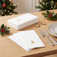 Minimalist Gold Christmas Tree Paper Napkins, Elegant White Holiday Cocktail Tissues For Xmas Party Dinner Table Decor - Style 1 - View 5