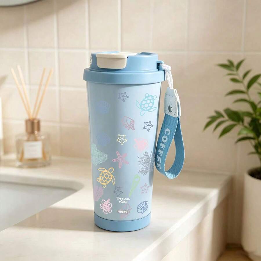 MINISO, Coffee Cup, Cute Little Turtle Pattern, 500ml Stainless Steel Coffee Cup, With Straw, Portable Cup; Gift For Young People - Mint Blue - View 1