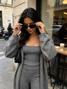 3 Pieces Set Elegant Style Bandeau Top + Buttonless Long Cardigan + Casual Versatile Loose Wide Leg Pants Women's Clothing - Dark Grey - View 7