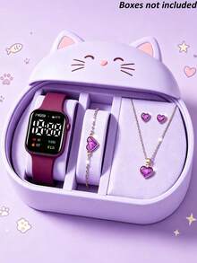 5pcs/Set Cute Elegant Square LED Digital Electronic Watch With Classic Heart Jewelry Set, Flexible Silicone Sports Strap, Compact Lightweight For Student Daily Wear, Perfect Gift For Back To School, Graduation, Birthday, Valentine's Day, Christmas, Thanksgiving (Gift Box Not Included) - Multicolor - View 1