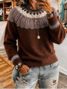 Women's Fall Winter Brown Fair Isle Pattern Soft Cozy Knit Crew Neck Long Sleeve Sweater, Relaxed Fit Vintage Casual Daily Office Work Commute Wear - Coffee Brown - View 5