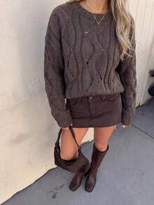 Just Masa Women's Autumn/Winter Casual Cable Knit Sweater, Solid Color Long Sleeve Ribbed Knit Pullover, Suitable For Daily Wear, Outings, Dates, Commuting - Dark Brown - View 9