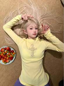 女款秋季薄荷綠針織長袖上衣，圓領設計，優雅派對長袖襯衫，適合日常穿著與通勤，女裝上衣 - 黃色 - 查看 1