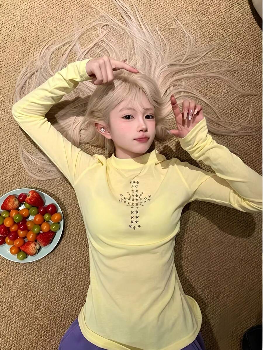 女款秋季薄荷綠針織長袖上衣,圓領設計,優雅派對長袖襯衫,適合日常穿著與通勤,女裝上衣 - 黃色 - 查看 1