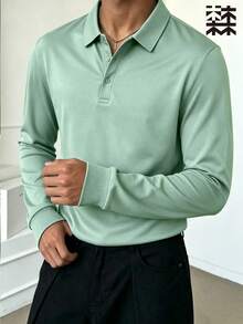 mulinsen Men's Solid Color Long Sleeve Polo Shirt, Casual Loose Fit Stretch Top, Simple Versatile Everyday Wear For Autumn/Winter - Green - View 2