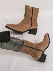 Men's Western Cowboy Boots Round Toe Brown Suede-Like Fabric Upper Rhinestone Decor Side Zipper Chunky Heel Boots Party Daily Casual Footwear - Brown - View 1