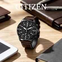 CITIZEN Men's -Drive Chronograph Watch Matte Black Case Direction Compass Markings Multi Sub-Dials Date Display Vintage Brown Stitched Leather Strap - Brown - View 2