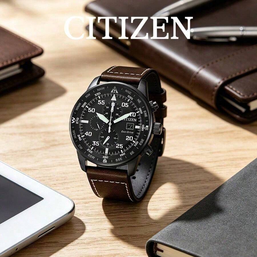 CITIZEN 男士 Drive 計時碼錶,啞光黑錶殼、指南針錶盤、多功能小盤、日期顯示、復古棕色縫線皮革錶帶 - 棕色 - 查看 1
