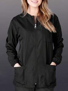 1pc Solid Color Elegant Woven Fabric Black Round Neck Full Zip Jacket Women, Cuffed Long Sleeve Multi-Pocket Front Workwear Service Industry Uniform Minimalist Work Shirt Spring Autumn - Black - View 1