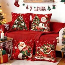 4pcs Classic Red Christmas Pillow Covers, Christmas Tree Snowman Santa Claus Sleigh Gift Print Pattern, Single-Sided Printed Pillow Covers/Cushion Covers, Multi-Scene Atmosphere Decorative Pillow Covers Suitable For Living Room Sofa Bedroom, Pillow Insert Not Included - Multicolor - View 6