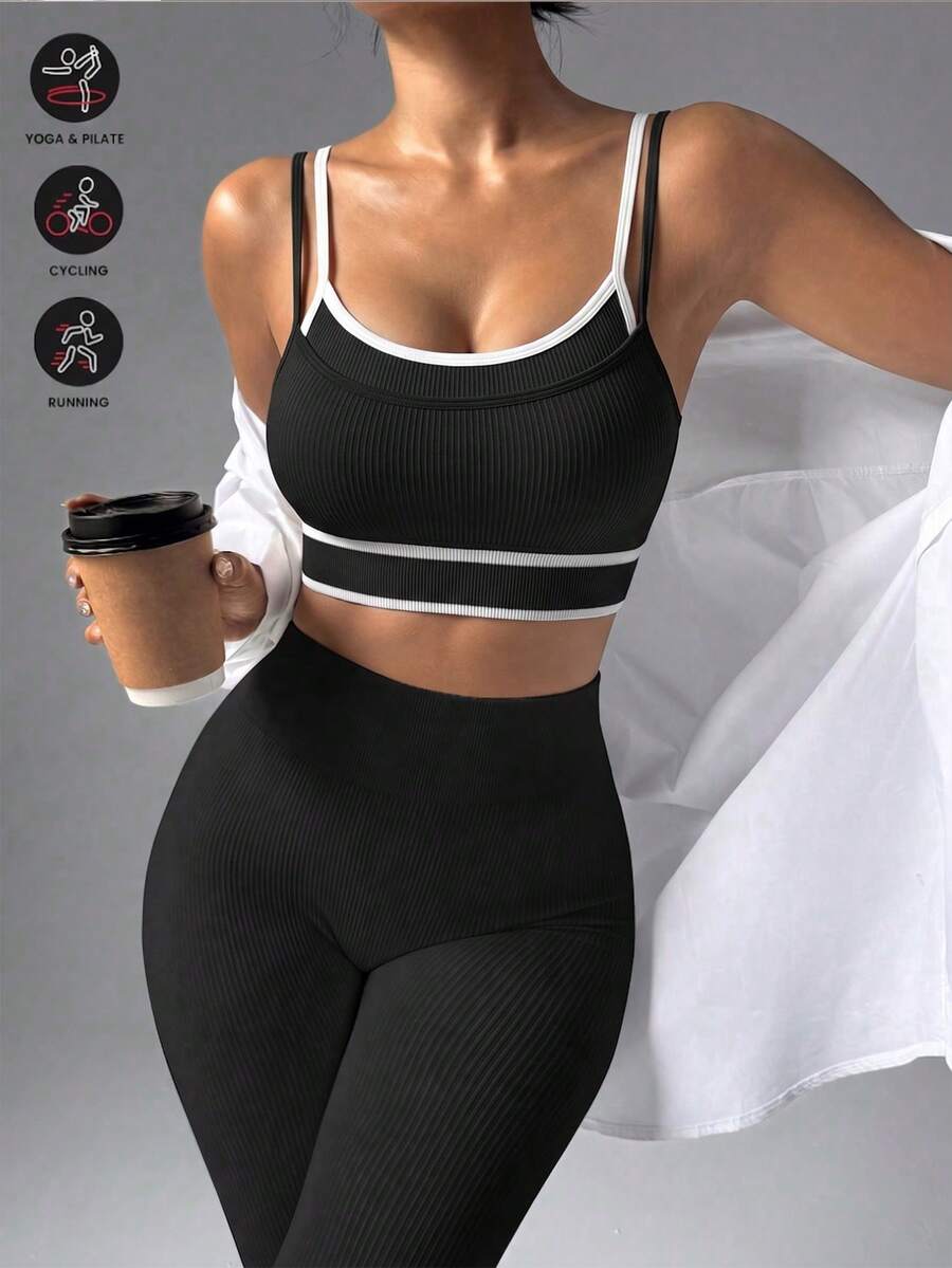 Women Seamless Ribbed 2 Pieces Activewear Set Contrast Trim Double Strap Cami Top Tummy Control High Waist Leggings Gym Yoga Pilates Outfit - Black - View 1