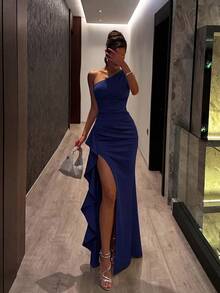 ADYCE Elegant One-Shoulder High-Waist Ruffle High-Slit Floor-Length Party Dress Wedding Fall - Navy Blue - View 3