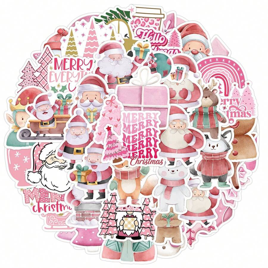 50pcs Nordic Style Pink Christmas Doodle Stickers Waterproof Decorative Stickers For Water Bottle Phone Holiday Stickers - 1 Set - View 1