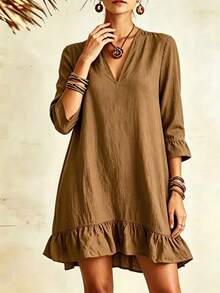 Women's Casual V-Neck 3/4 Sleeve Loose Ruffle Hem Dress, Breathable Comfortable Slimming Dress, Versatile For Vacation, Daily Wear And Commute - Brown - View 4