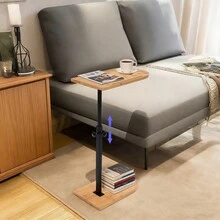 Side End Table, Makeup Organizer,mobil, Höhenverstellbar 42–82cm, Bambus & Metall, C-Form, Stabil, 360° Drehbar, Für Wohnzimmer, Bücher, Gläser, Tablet, Langlebig, Platzsparend - Holzfarbe, Schwarz - Übersicht 5