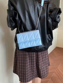 優雅設計師時尚翻蓋鏈條壓紋單肩包，女士絎縫鏈條單肩包 - 淺藍色 - 查看 6